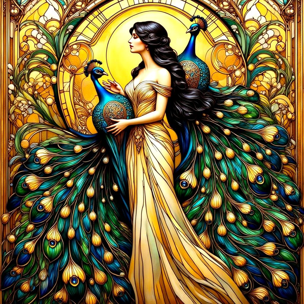 Vibrant Art Nouveau Peacock Scene with Stained Glass Woman