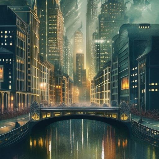 Night City Skyline: Digital Watercolor Illustration