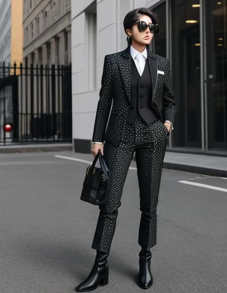 Businesswoman in Abstract Patterned Suit and Boots