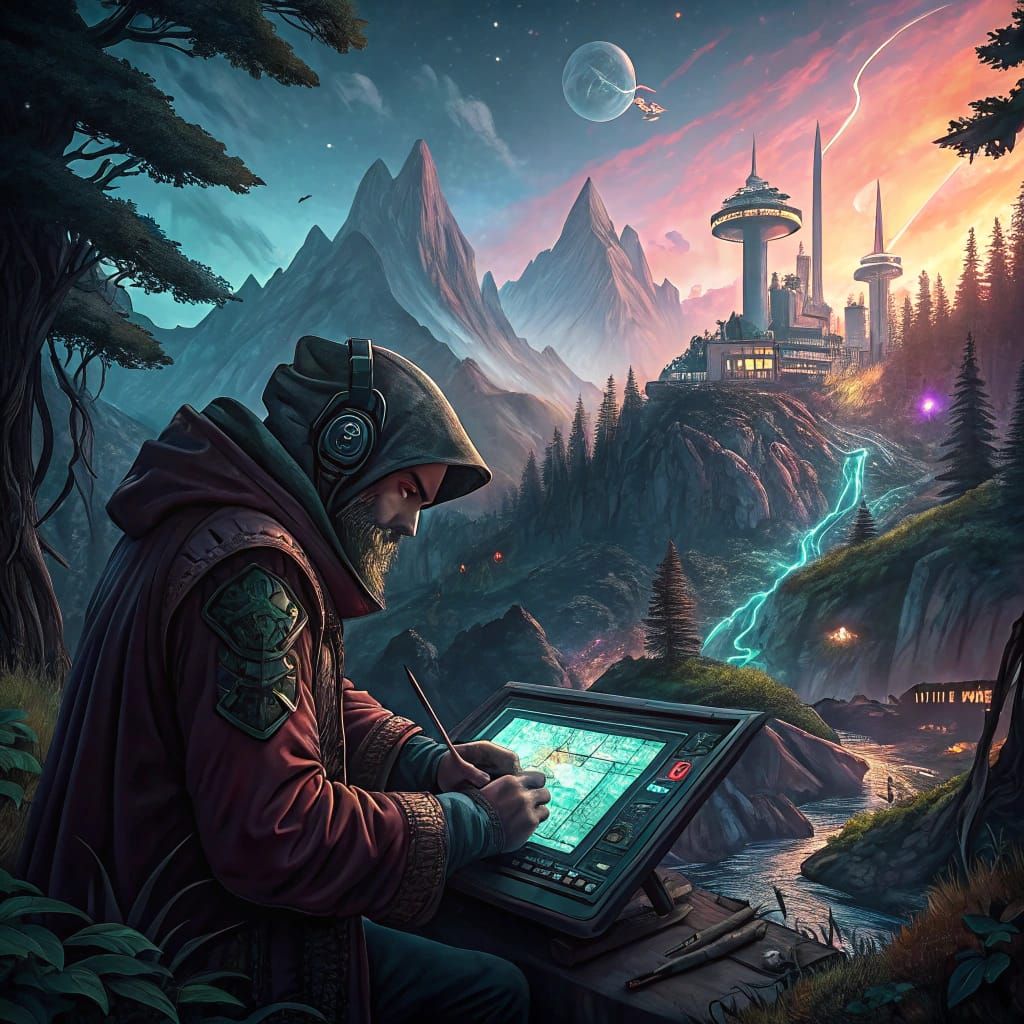 Cyberpunk Appalachian Mystic in Deep, Fantastical Landscape