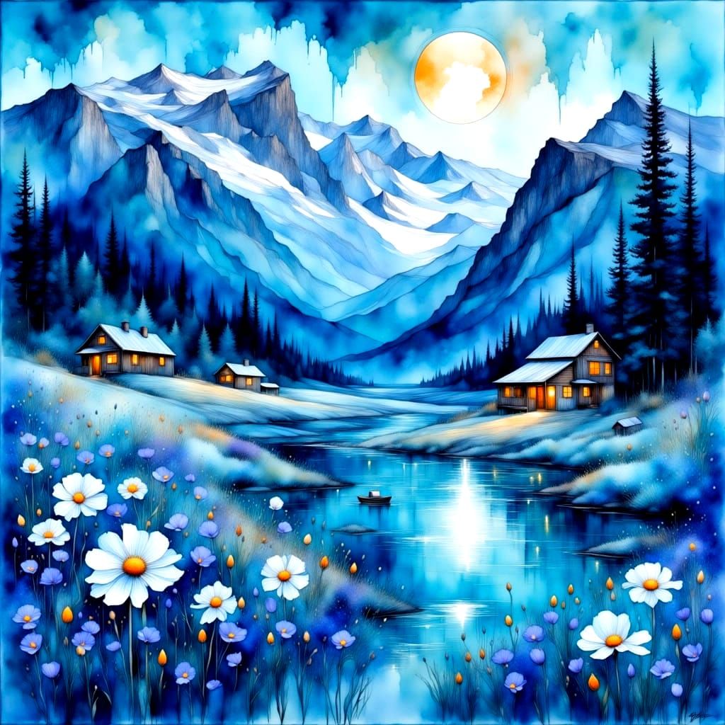 Ethereal Blue Botanical Wonderland with Glaciers and Wildflo...