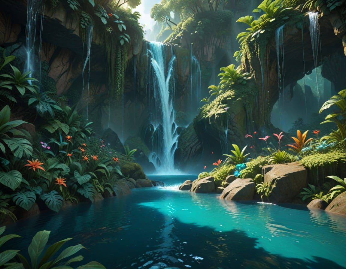 Hidden Waterfall in Lush Vegetation: Digital Matte Painting