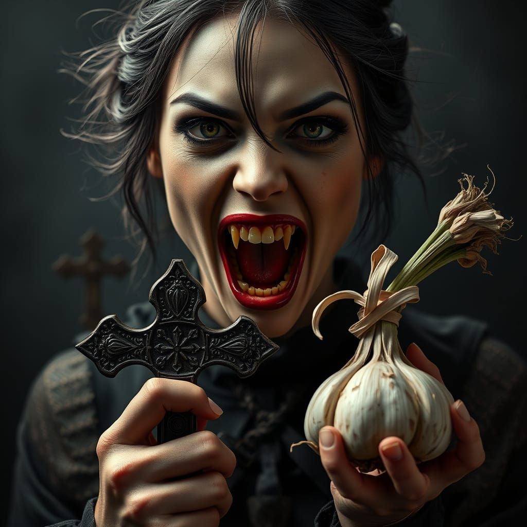 French Vampire Goddess with Fangs and Cross