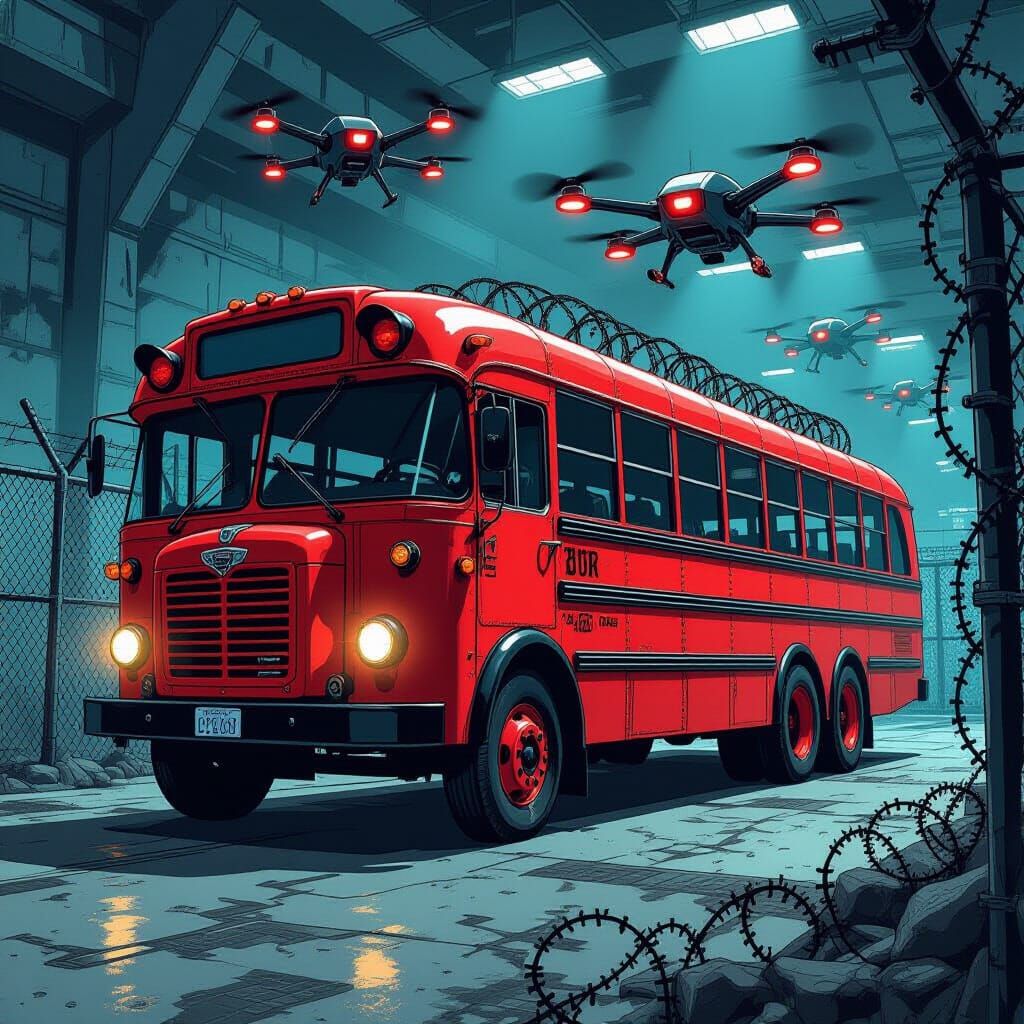 Supervillain Base: Red Bus Escorted by Drones, Comic Art Sty...