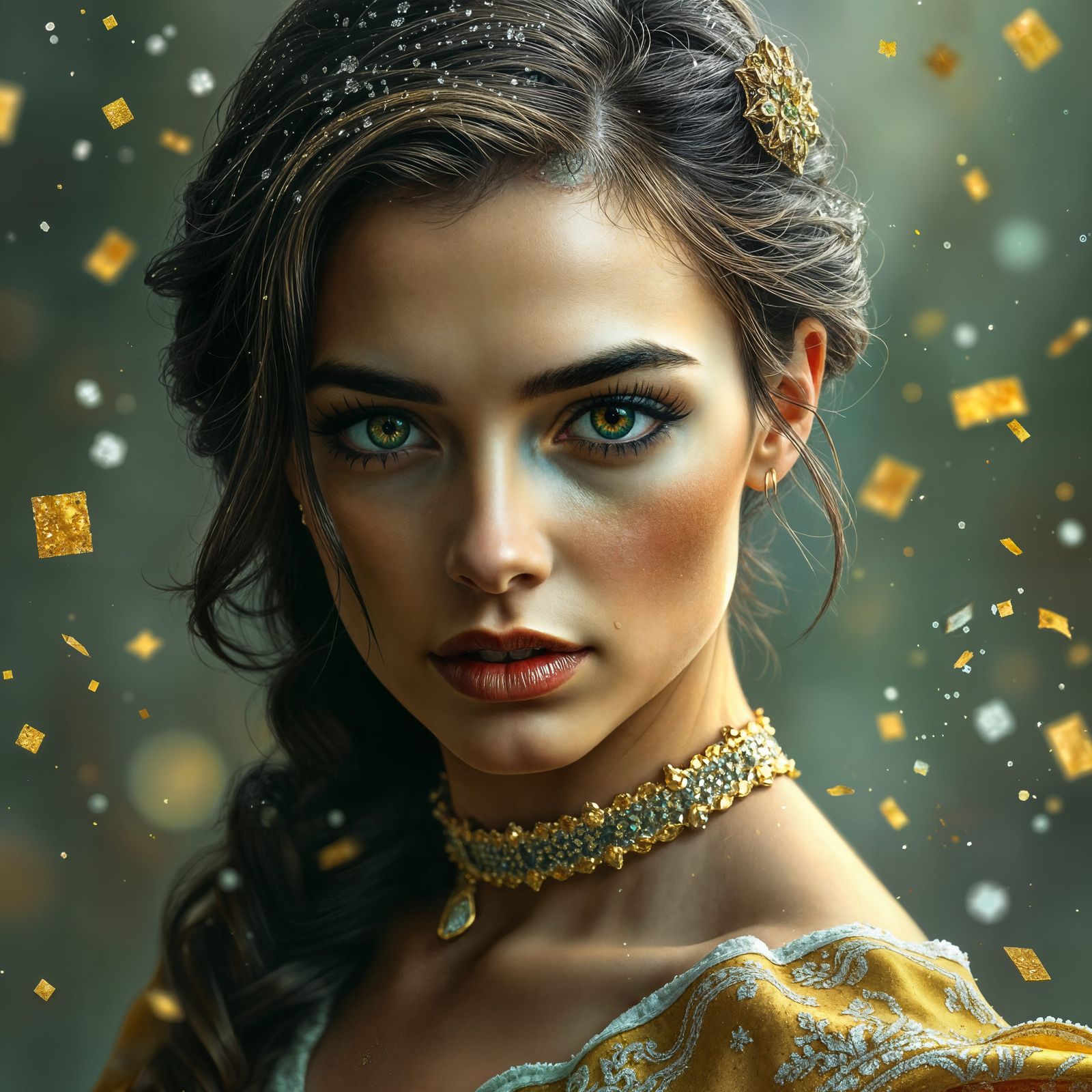 Detailed Portrait of a Woman with Falling Gold
