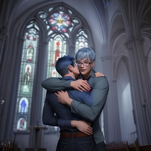 Emotional Reunion in Church with Rose Stained Glass