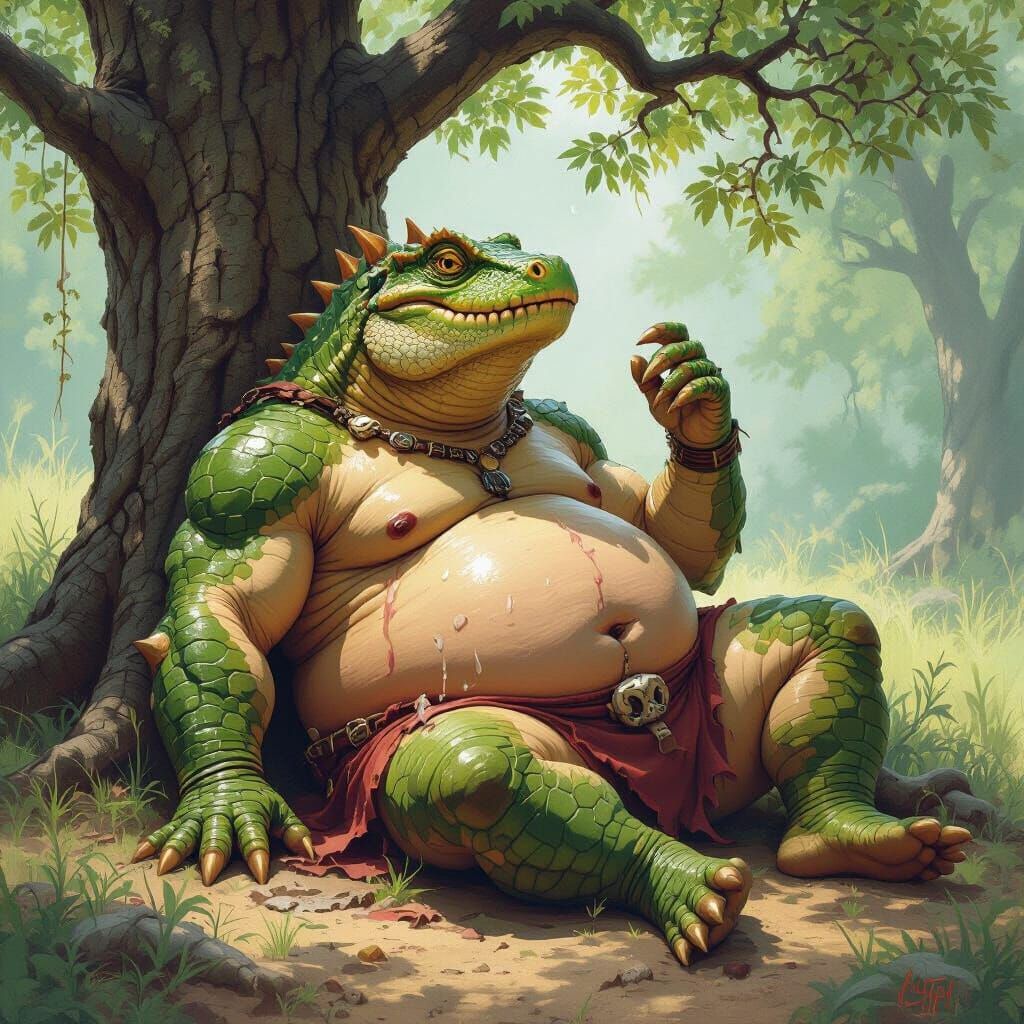 Chubby Reptile with Dragon Bones, Frazetta Style
