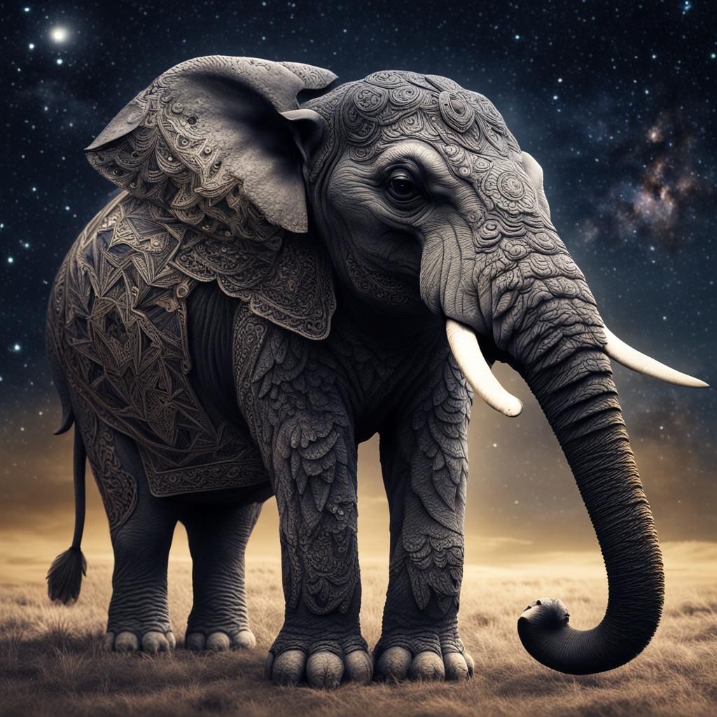 Starry Elephant Owl in Hyperrealistic Style