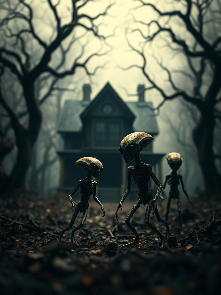 Alien Stick Figures in Haunted Forest Diorama
