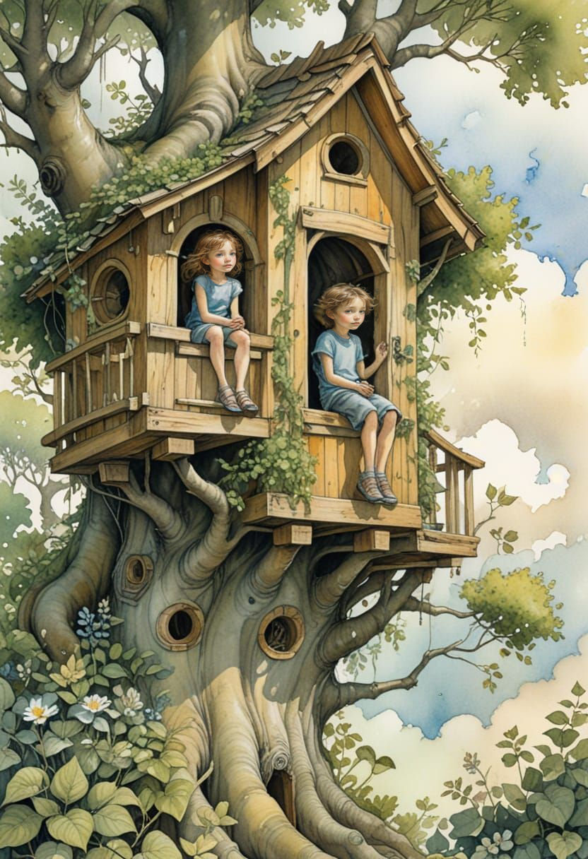 Kids in Summer Treehouse: Watercolor Illustration