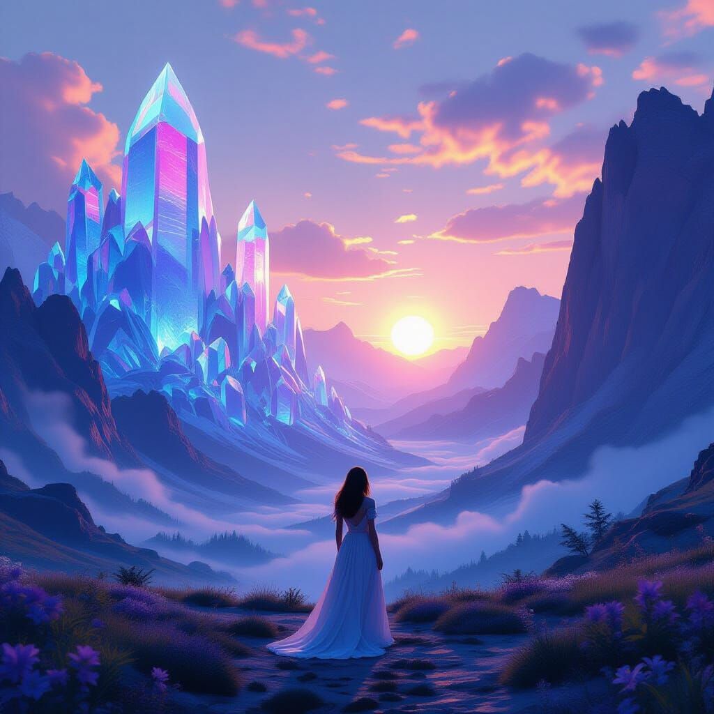 Surreal Valley with Crystal Mountains in Dreamlike Style