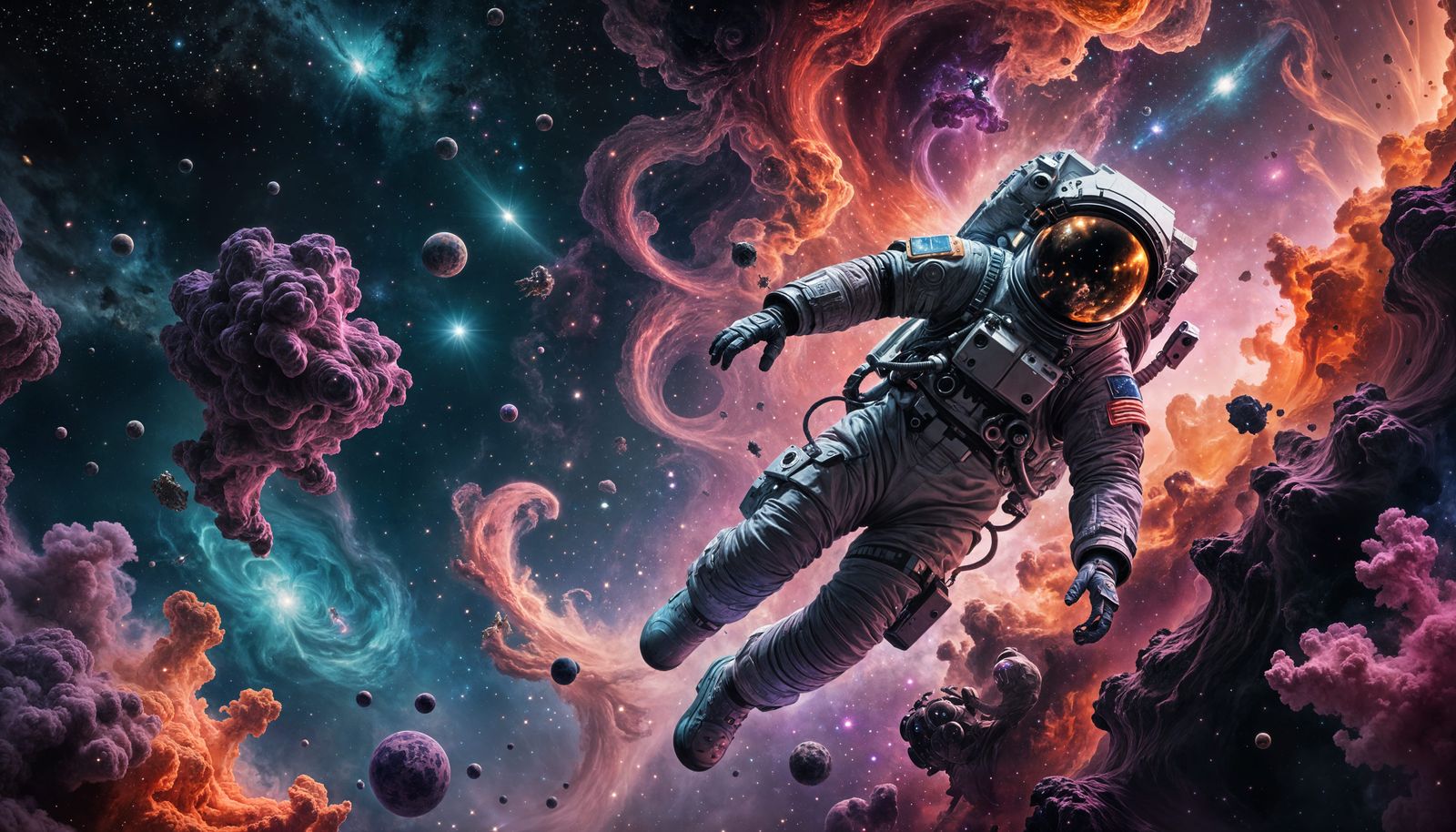 Astronaut floating through a s space ocean
