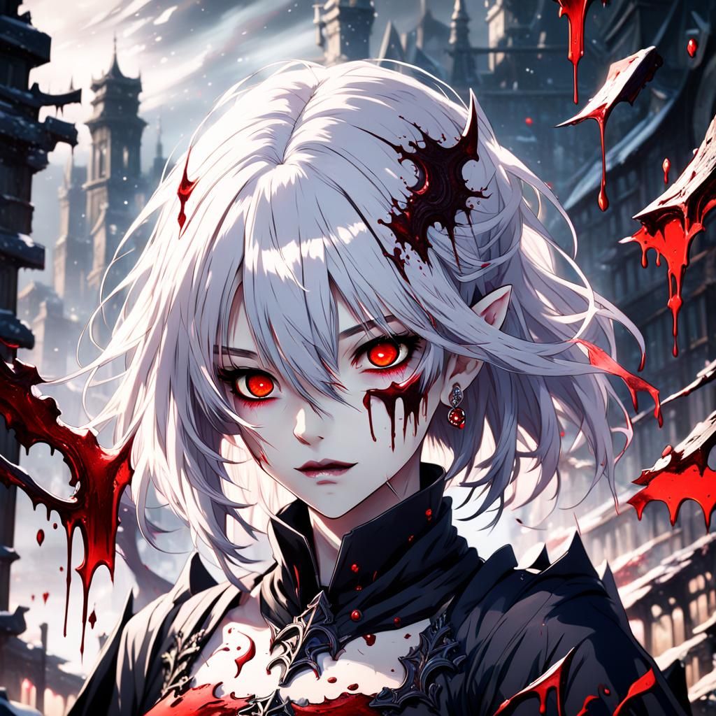 Anime Vampire Girl with White Hair and Red Eyes
