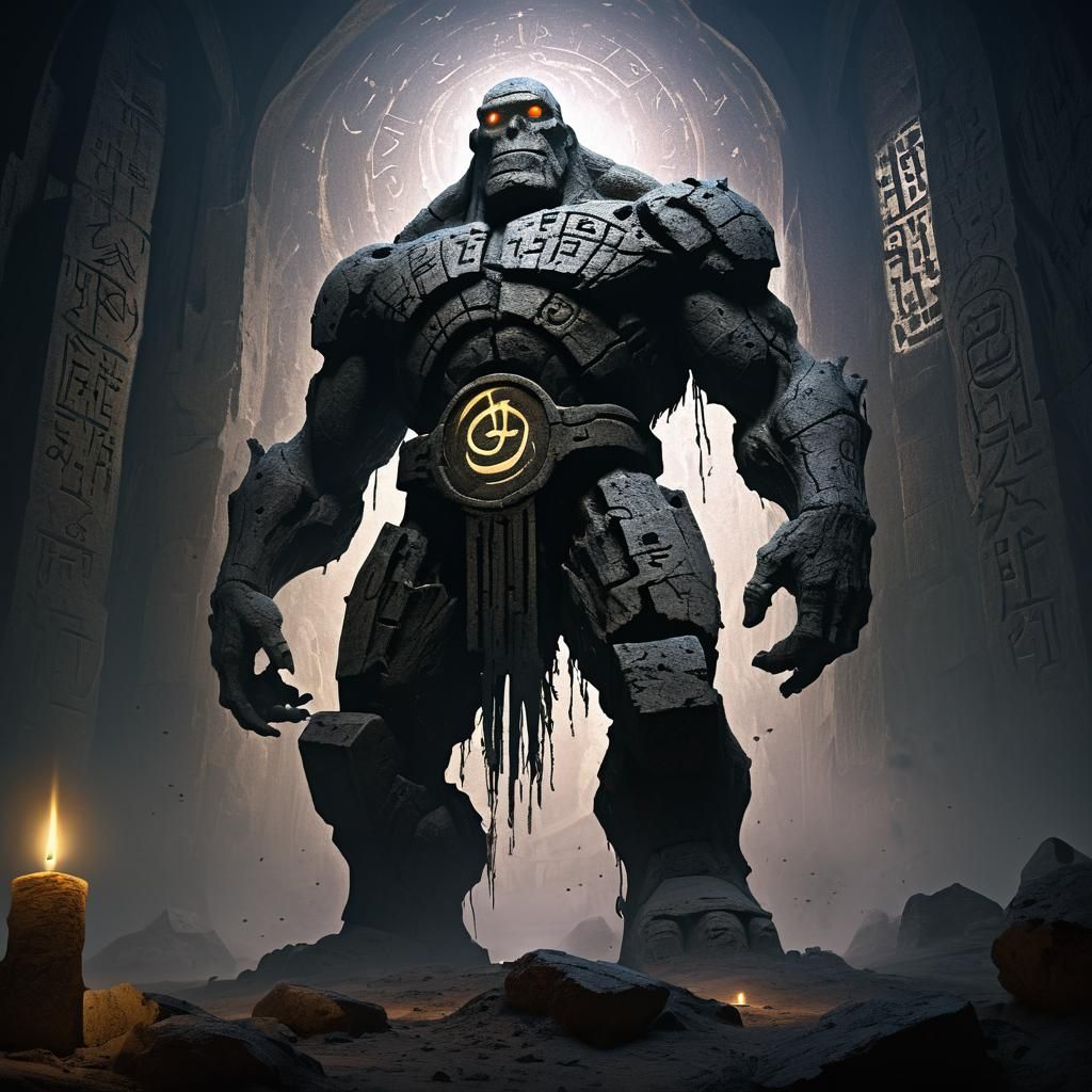 Earthy Golem with Glowing Symbols in Dark Fantasy Art
