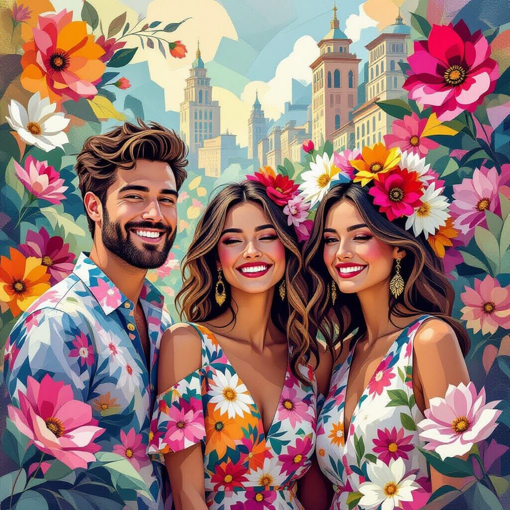 Neo-Cubist World of Smiling People and Geometric Flowers