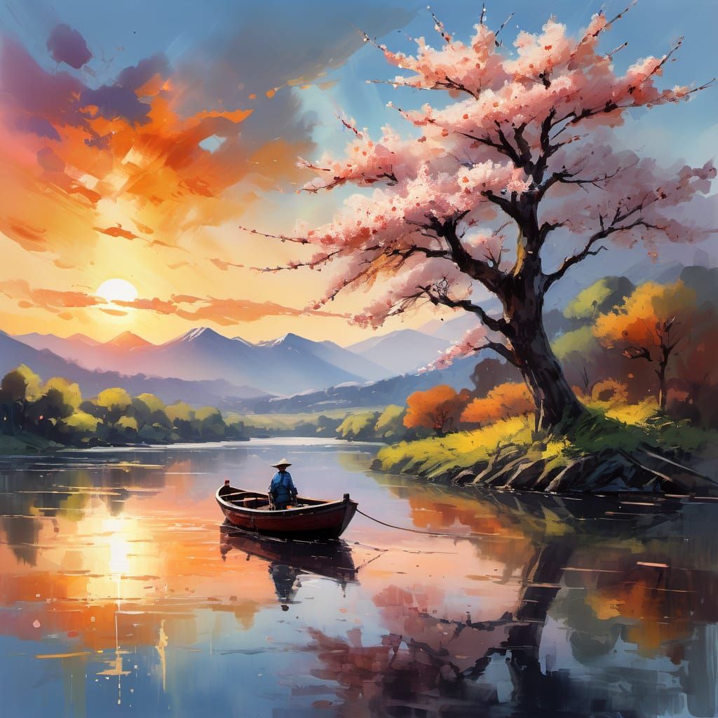 Vibrant Impressionist Cherry Blossom Landscape with Sailing ...