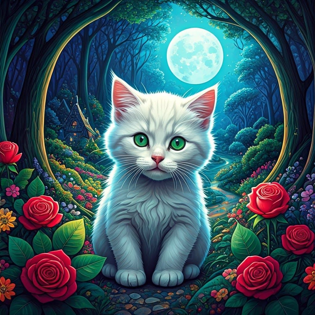 Colorful Surreal Cat in Naive Art Style