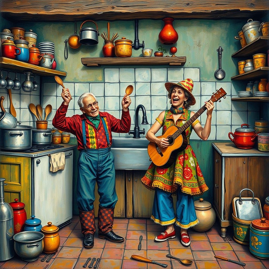 Joyful Kitchen Jam Session in Folk Art Style