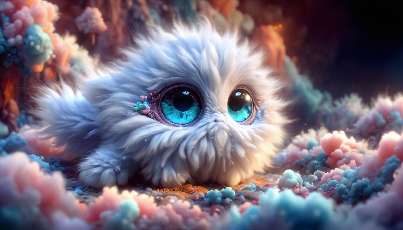 Surreal Cloud Creature with Aqua Eyes in Hyperrealism Style