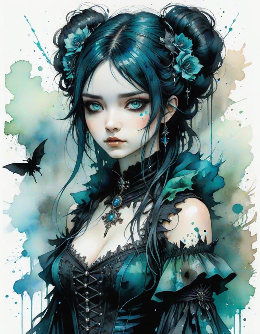 Anime Goth Girl in Teal: Watercolor Splash Art