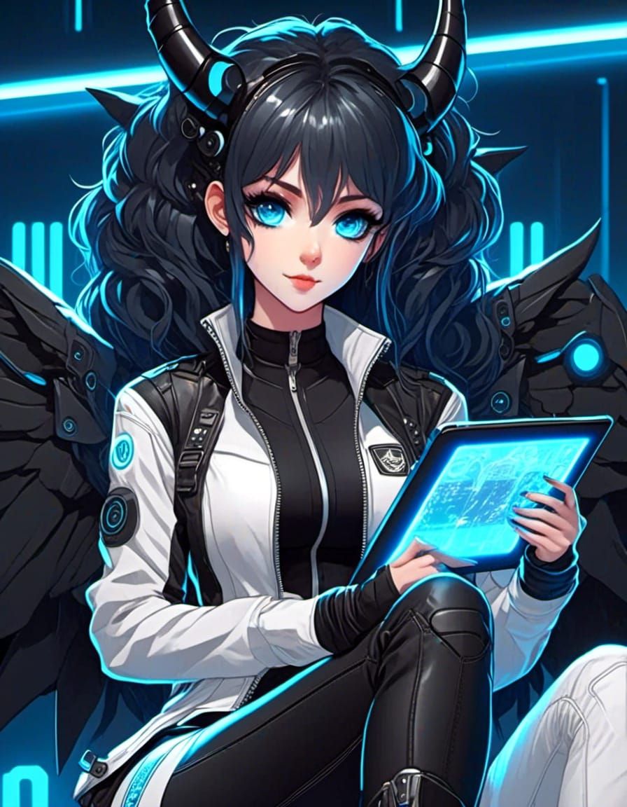 Kawaii anime cyberpunk black winged dragon lady, black horns...