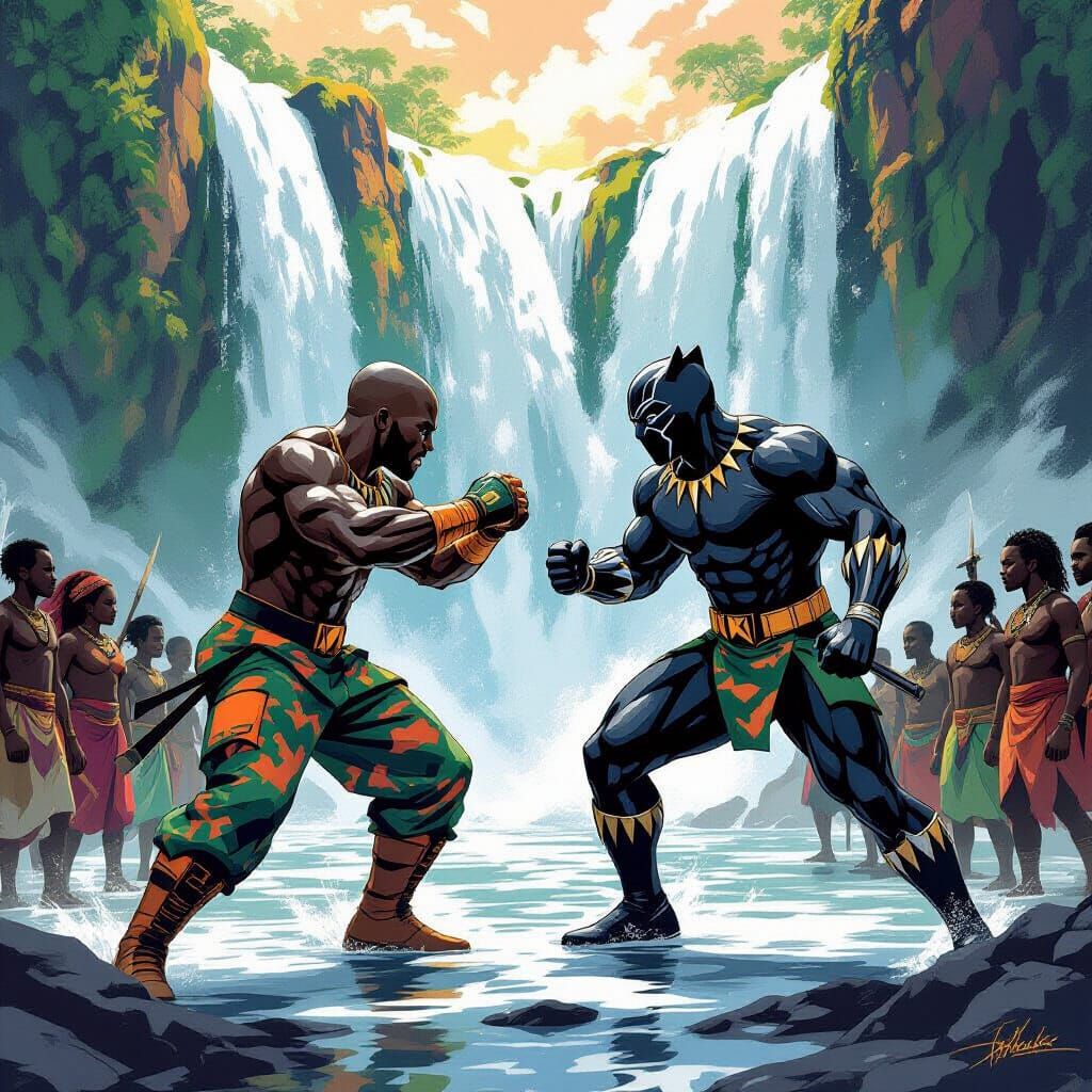 Warrior Trains With Black Panther By Waterfall