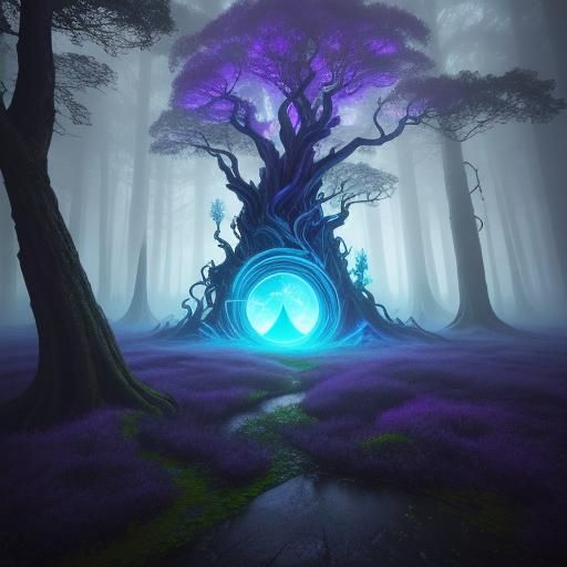 Glowing Portal in Misty Forest: Surreal Fantasy Art
