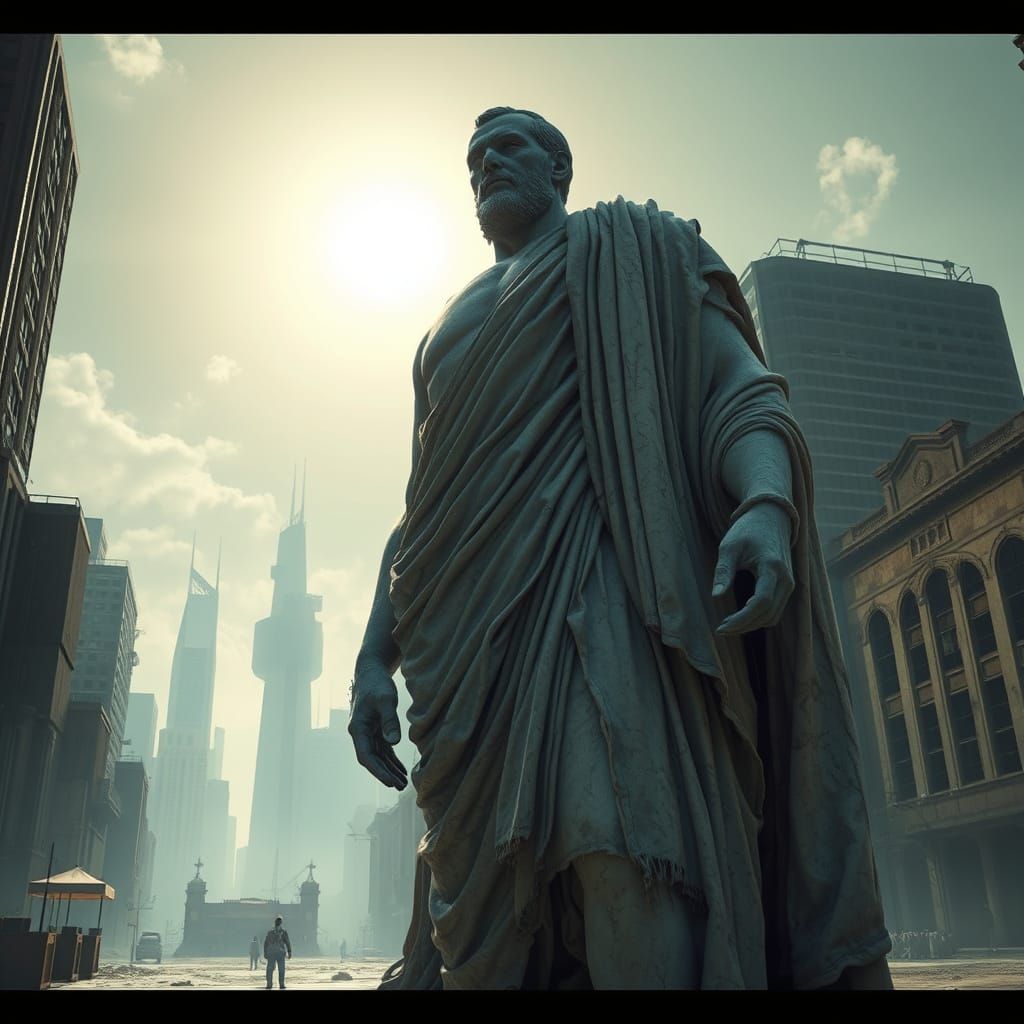 Melting Marble Statue in Dystopian Cityscape