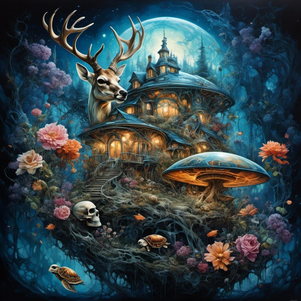 Psychedelic Flying House with Deer and Turtles