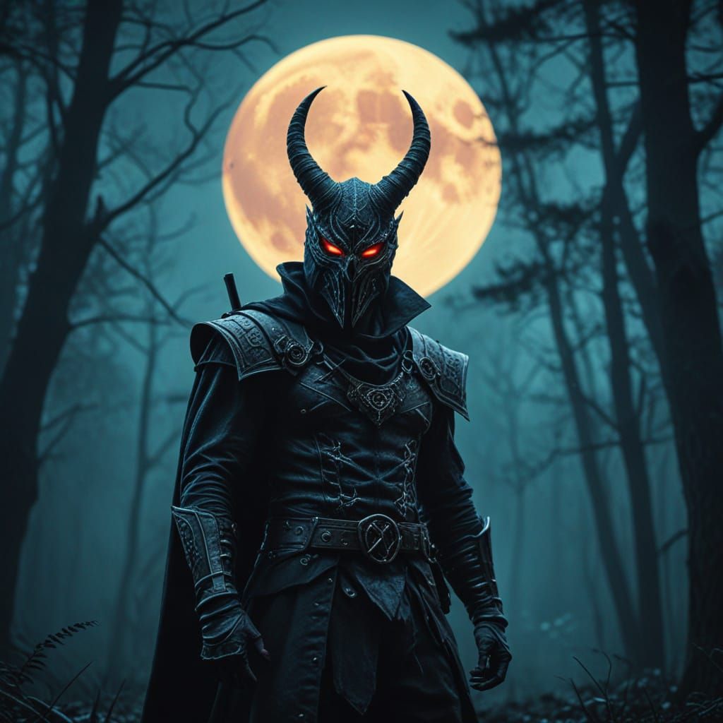 Medieval Rogue with Demon Mask in Haunted Forest