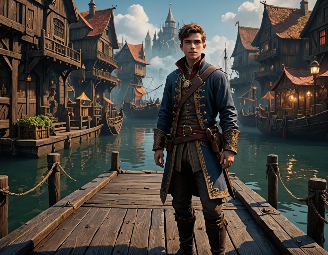 Young Merchant Boy on Dock: Fantasy Concept Art