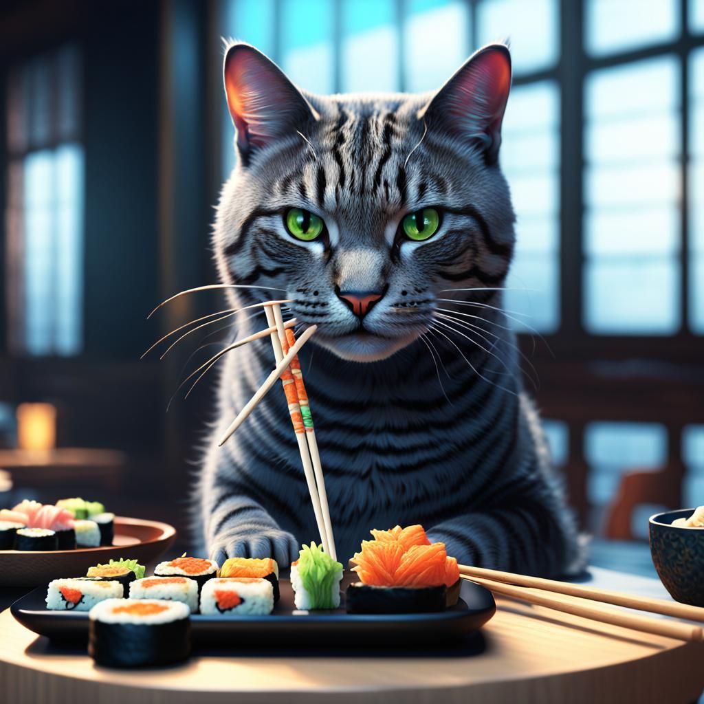Tabby Cat Enjoys Sushi with Chopsticks