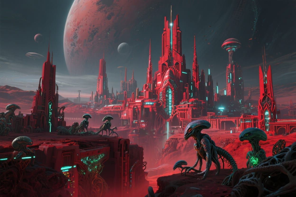 Crimson Alien Cityscape with Bioluminescent Life in 3D