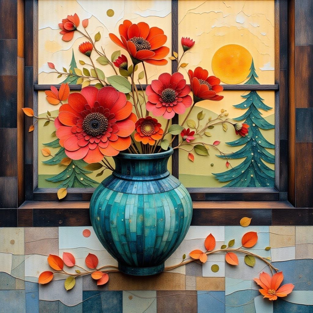 paper collage masterpiece: layered pieces of textured paper:...