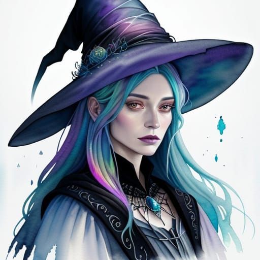 Beautiful Witch Casting Spell in Watercolor Style