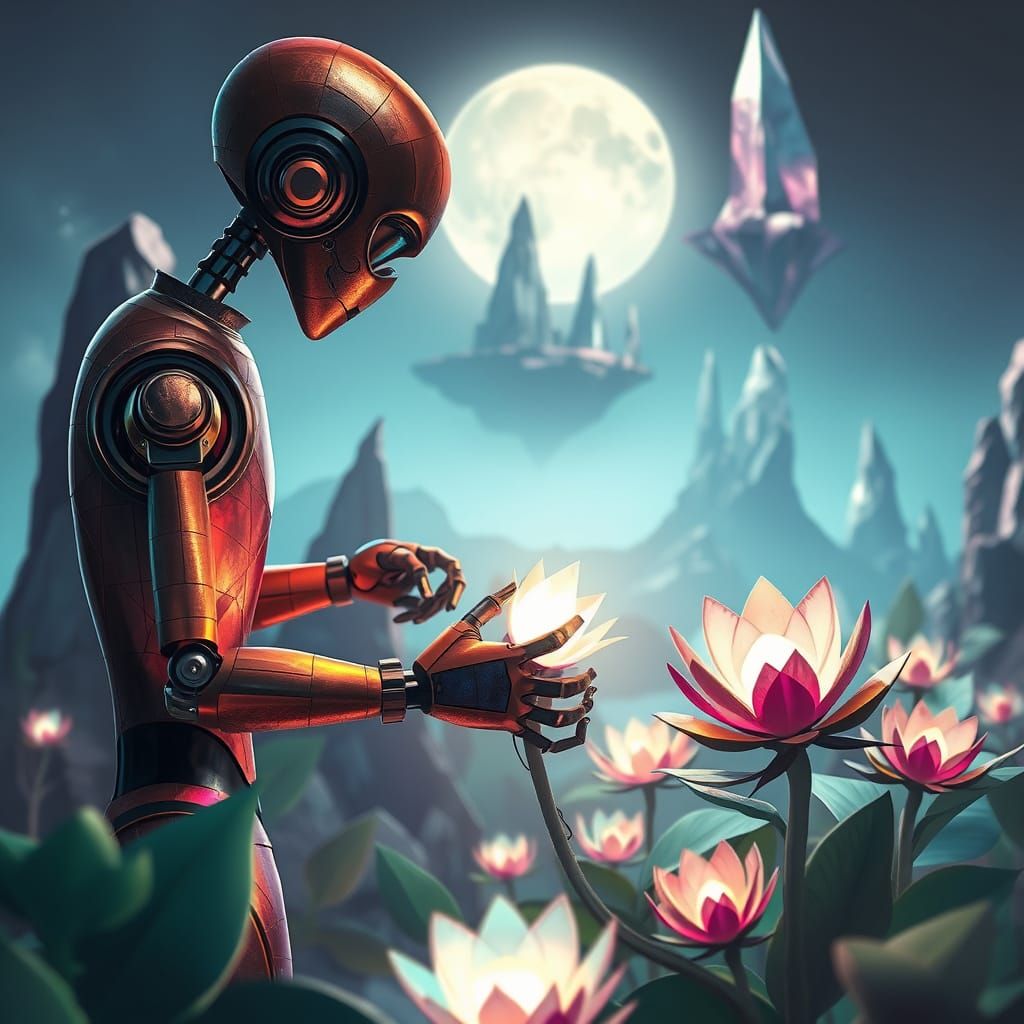 Whimsical Robot Tends Alien Garden in Neo-Cubist Style