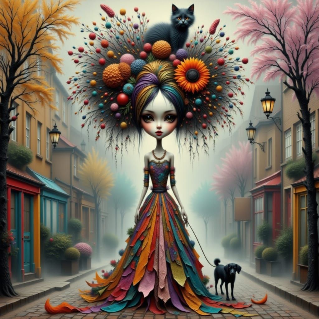 Whimsical Woman with Berries and Kitten in Misty City