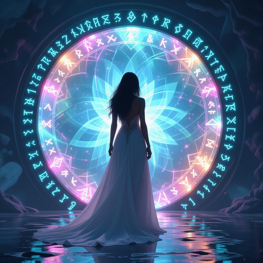 Ethereal Woman Before Shimmering Portal