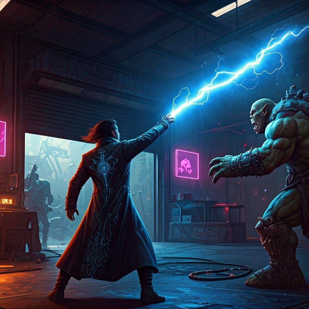 Epic Sorcerer Battles Cybernetic Orc in Dystopian Garage