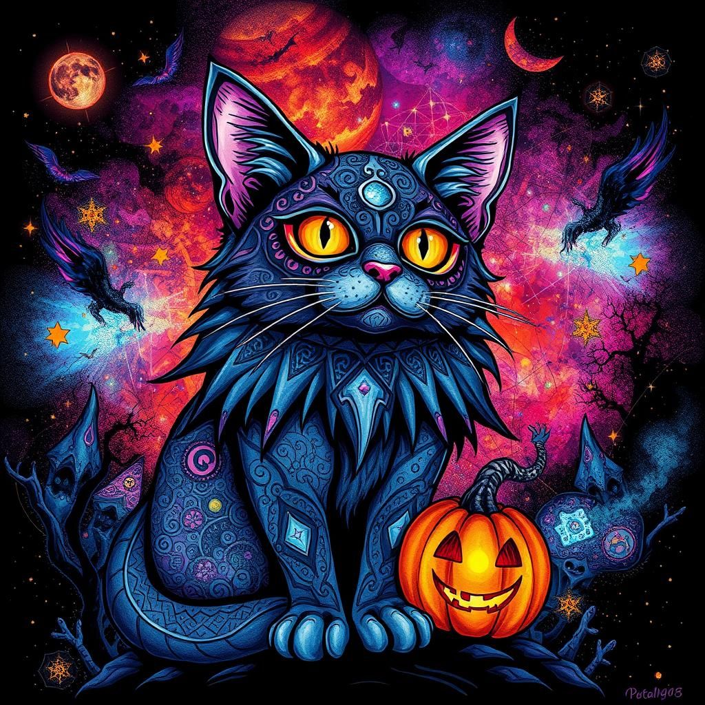 Mystic Zentangle Ghost Cat in Visionary Style