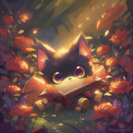 Vibrant Crimson Vines Garden Scene with a Baby Kitten