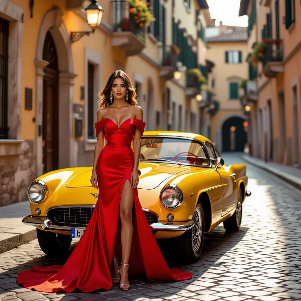 Elegant Fashion Influencer Poses With Yellow Sports Car in I...
