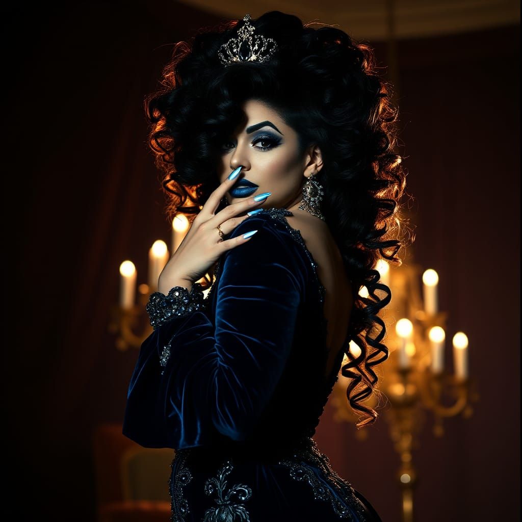 Dramatic Drag Queen in Blue Velvet Gown