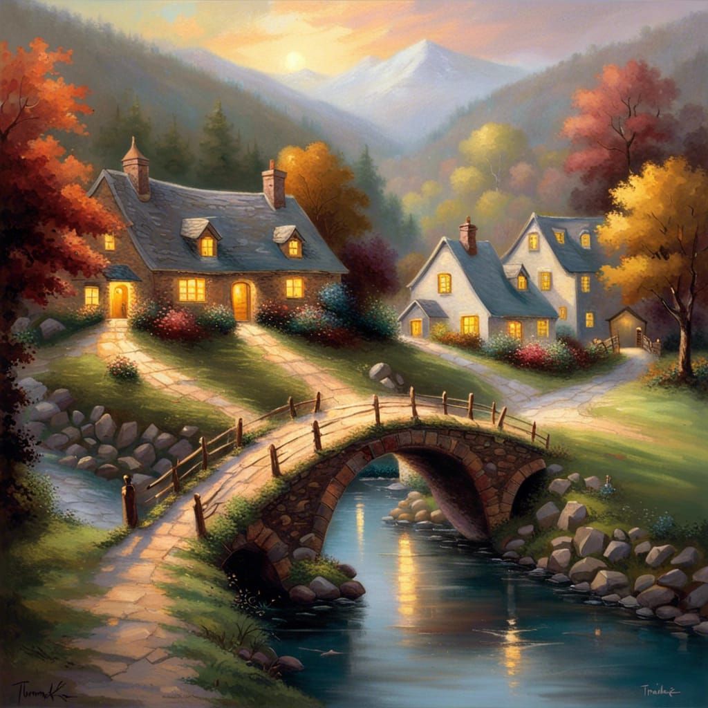 Foxhole Bridge Village Painting in Kinkade Style