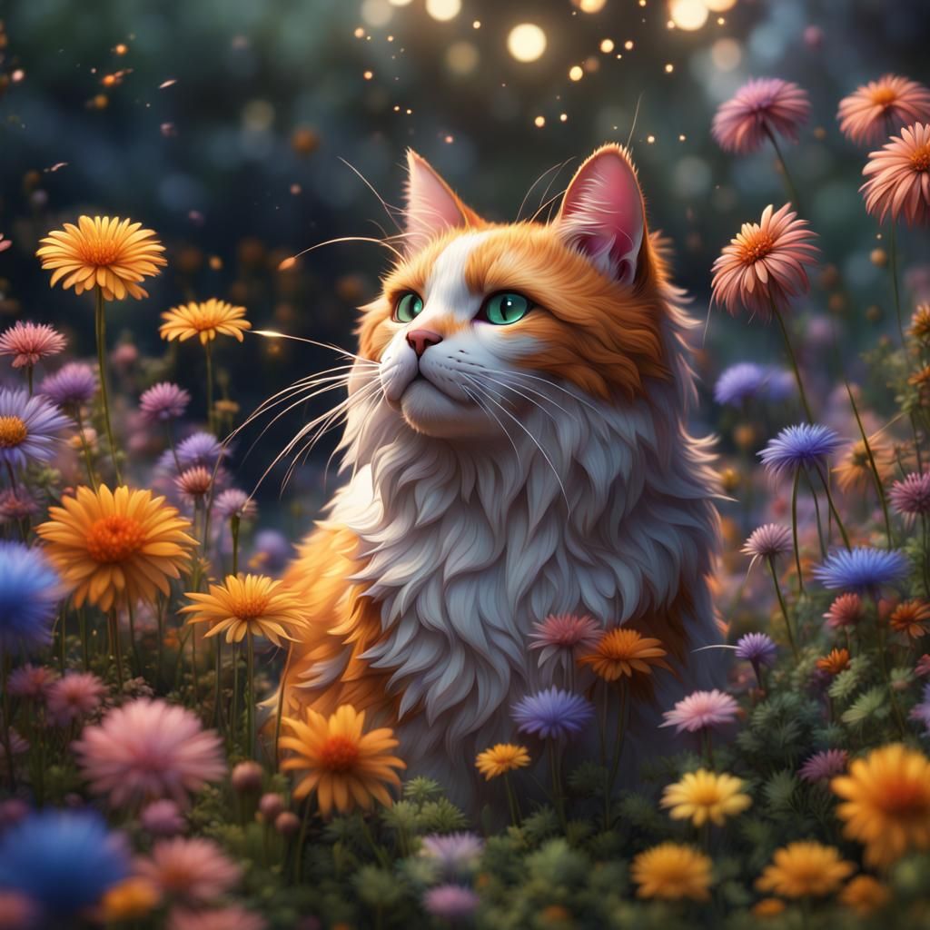 Calico Cat in Garden with Fireworks: Fantasy Art
