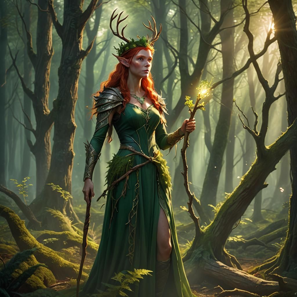 Red-Haired Elf Woman in Luminous Forest