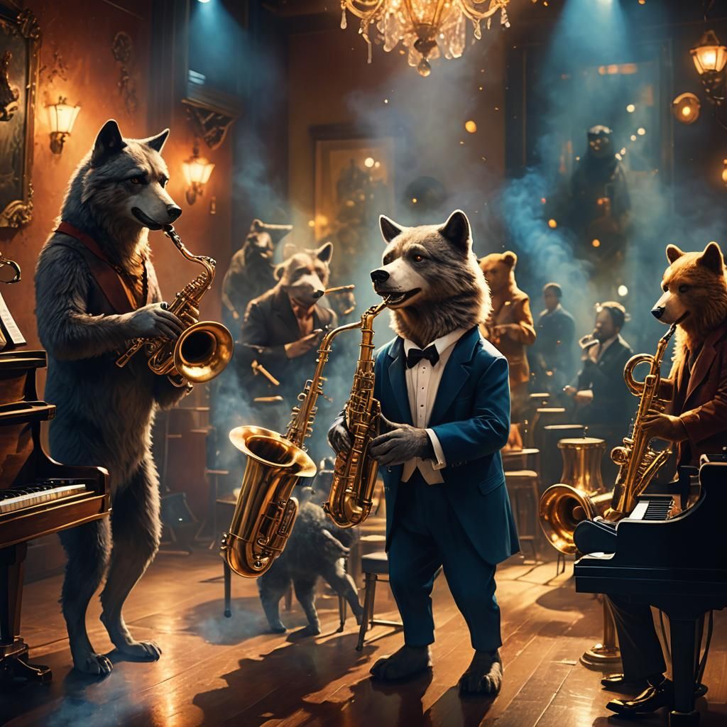 Hyperrealistic Animals Performing Jazz on Smoky Stage