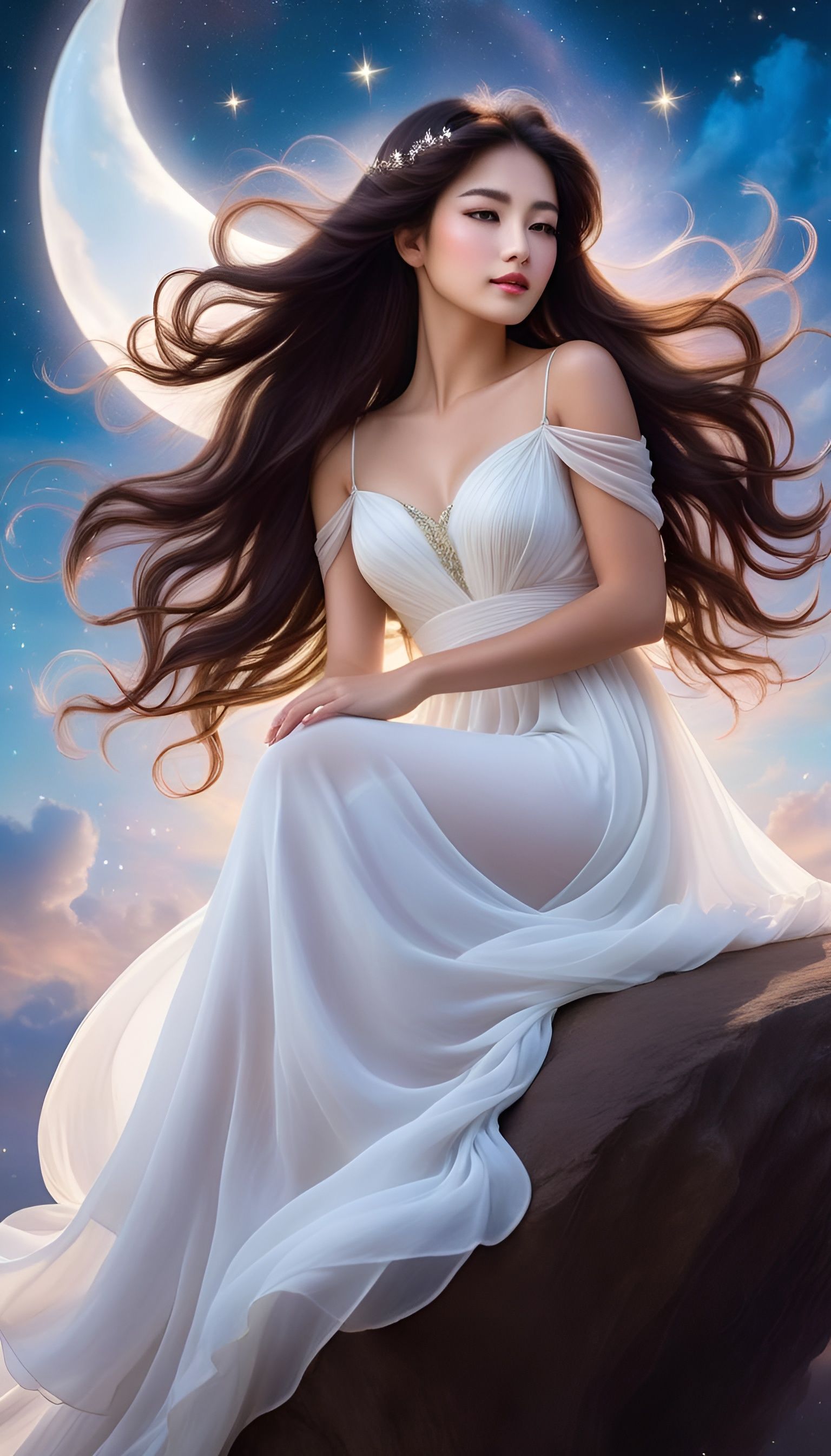 Opalescent Moon Goddess in Ethereal Sky