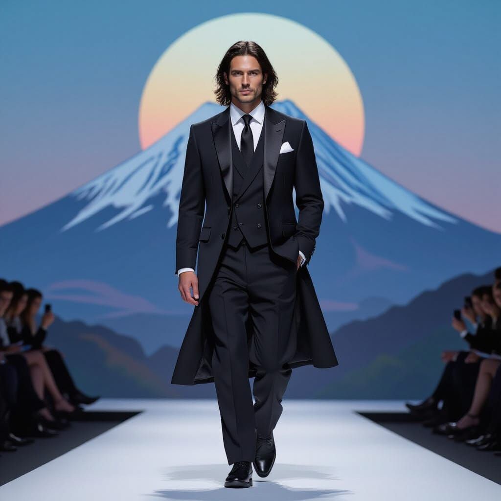 Man in Kimono Walking Runway in Hyperrealistic Style