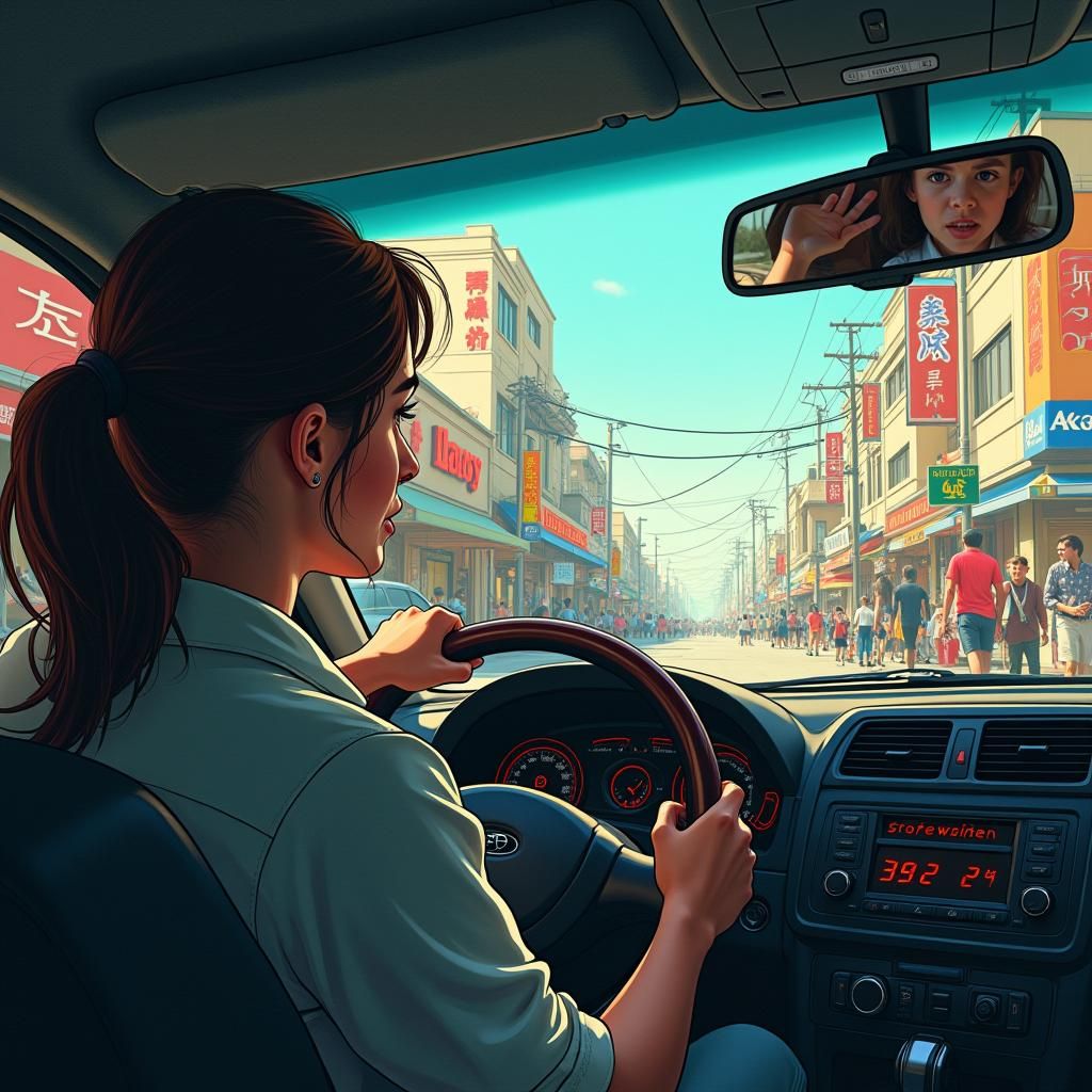 Frazzled Mother's School Run in Sci-Fi Cityscape